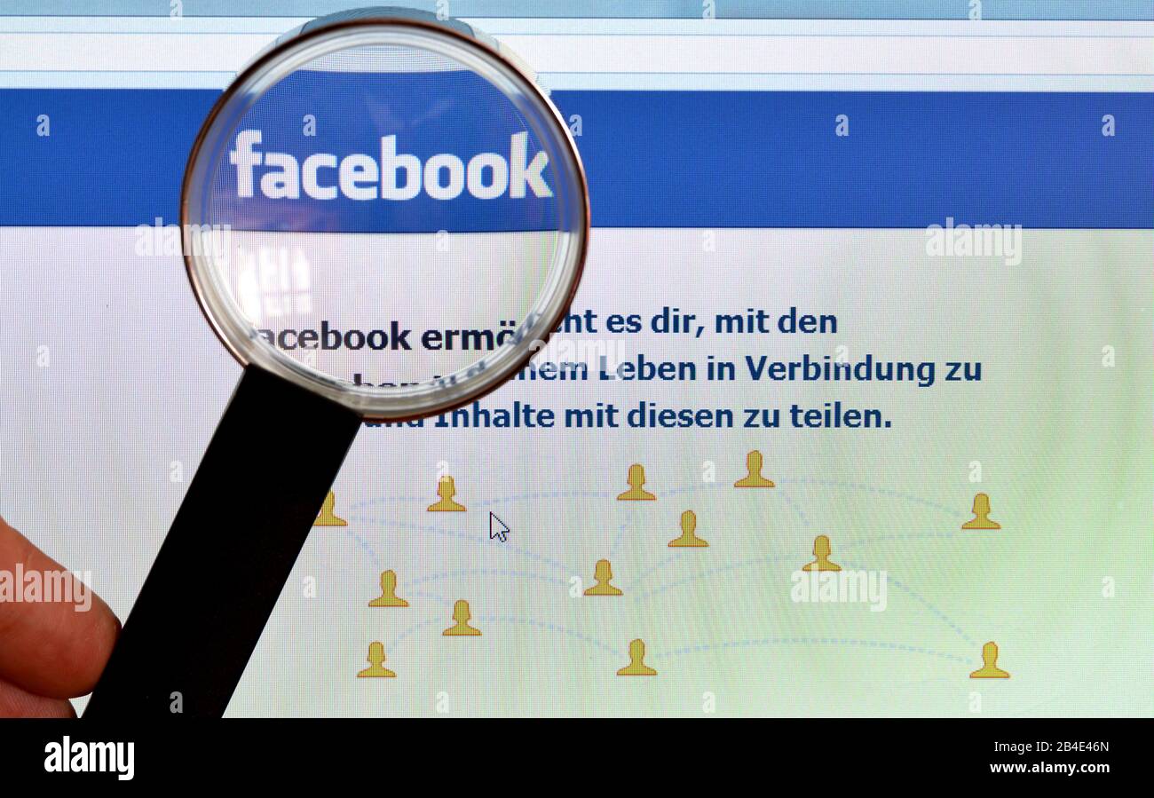 Facebook, homepage, Bildschirm, Lupe Stock Photo