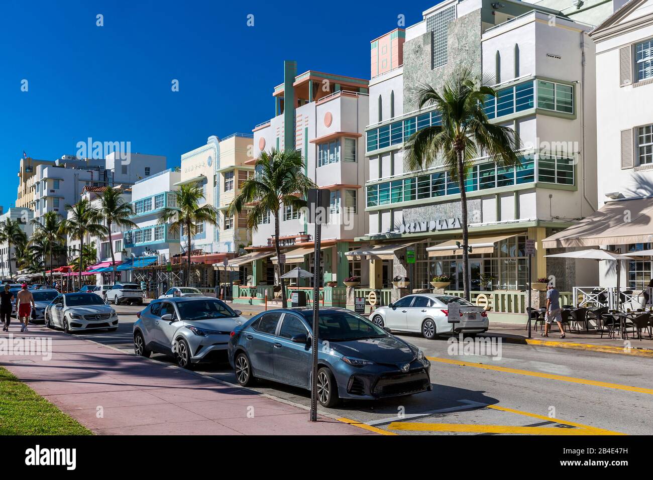 Restaurants und Hotels, Ferienwohnungen und Luxusappartements, Ocean Drive, Art Deco District, South Beach, Miami Beach, Miami-Dade County, Florida, U Stock Photo