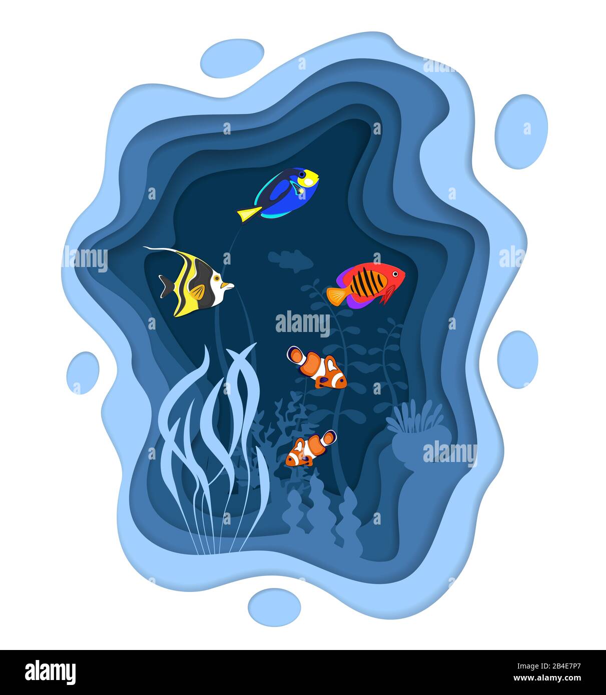 Underwater world design with coral reef fishes Stock Vector