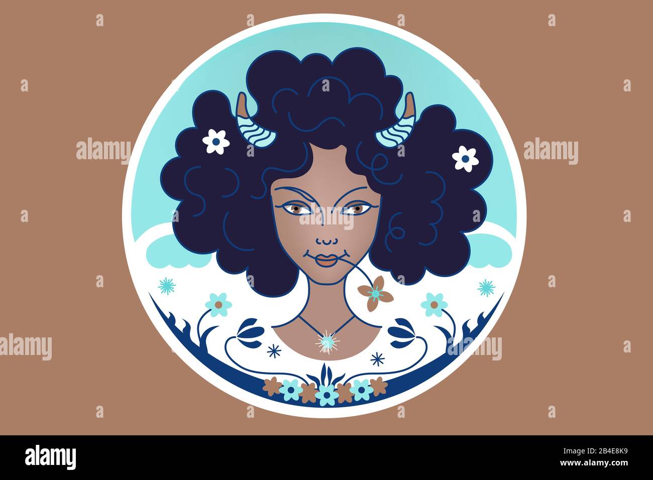 Aries zodiac constellation sign, girl or woman with fluffy African black  hair, flowers, brown background. Fantasy illustration, ornament in a fairy s Stock Vector