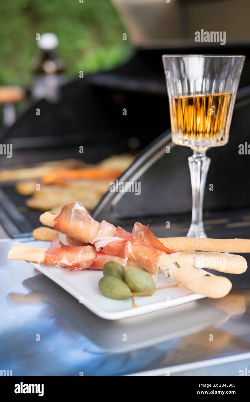 Finger food, wine, barbecue Stock Photo