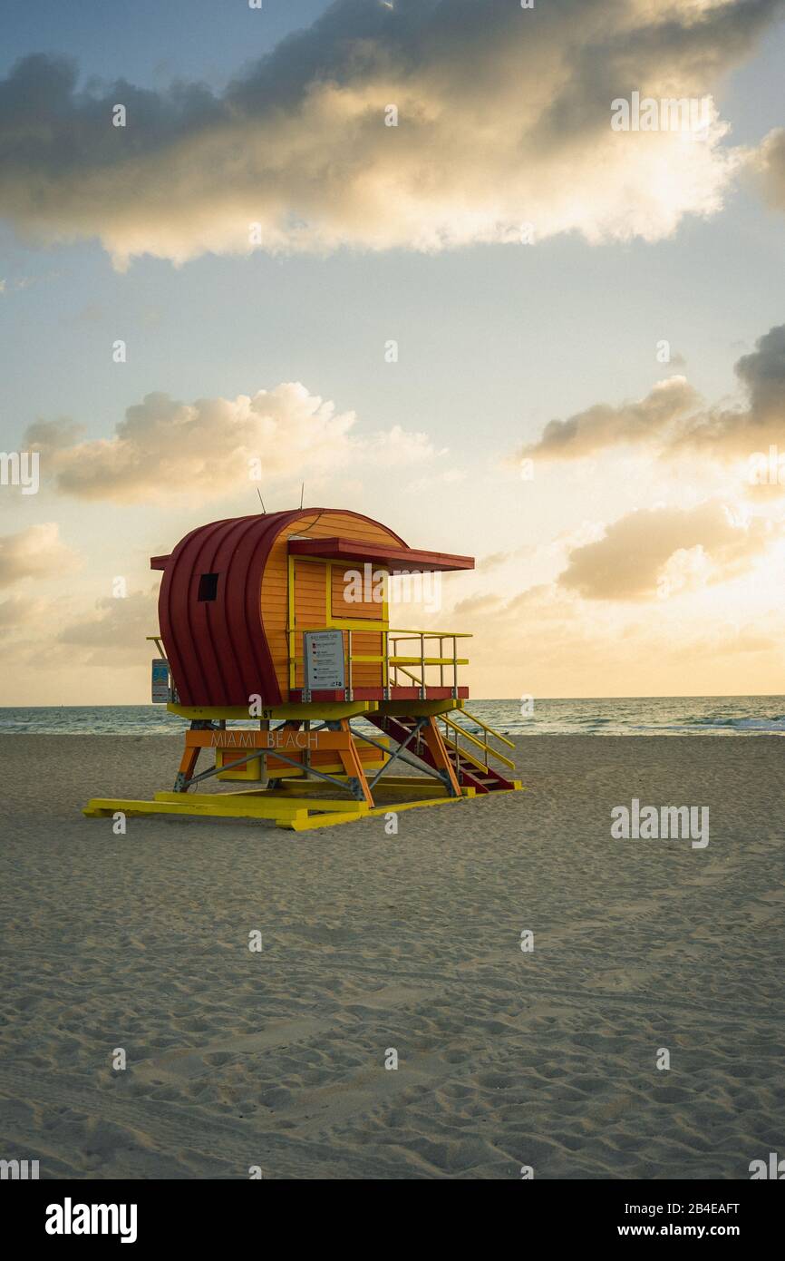Miami Beach, South Beach, lifeguard station at sunrise, Florida, USA Stock Photo