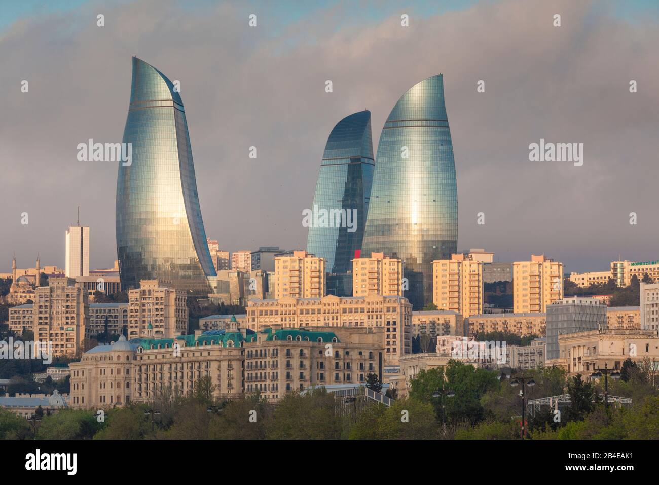 Azerbaijan, Baku, city skyline with Flame Towers form Baku Bay, dawn Stock Photo