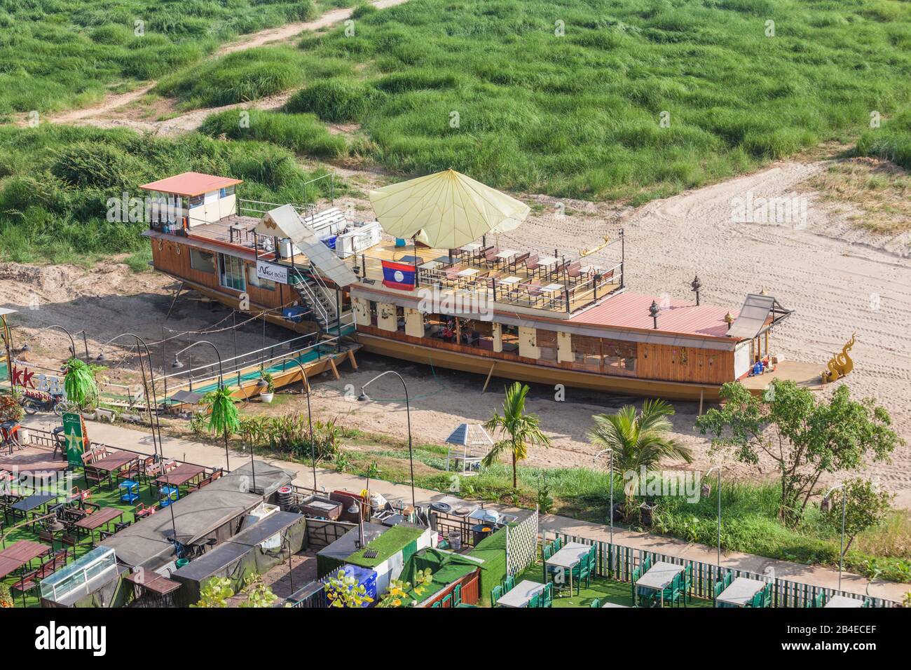 Laos, Vientiane, high angle view of Mekong Riverfront restaurant Stock Photo