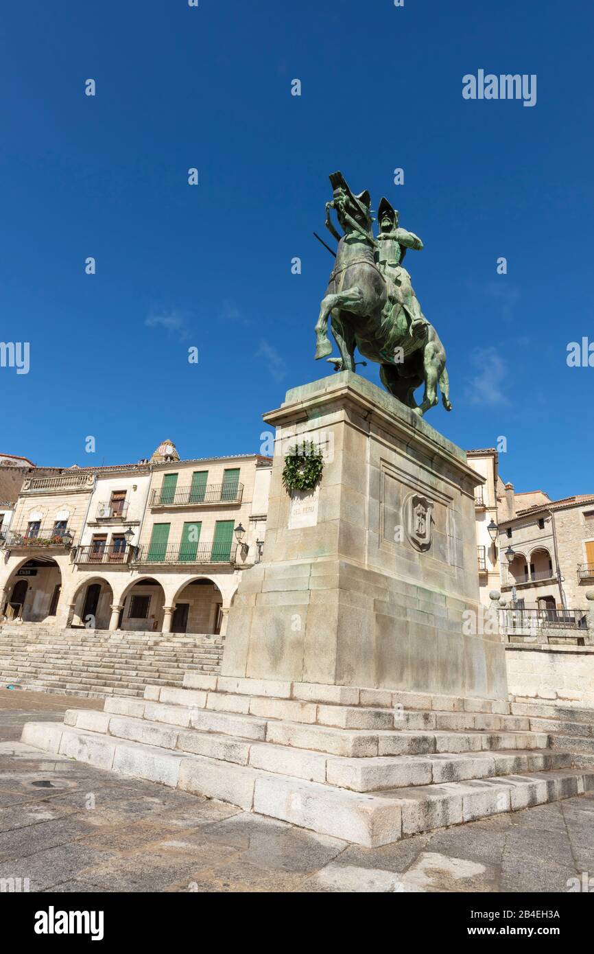 Monument of Francisco Pizarro in the main square of Trujillo town, Spain Stock Photo