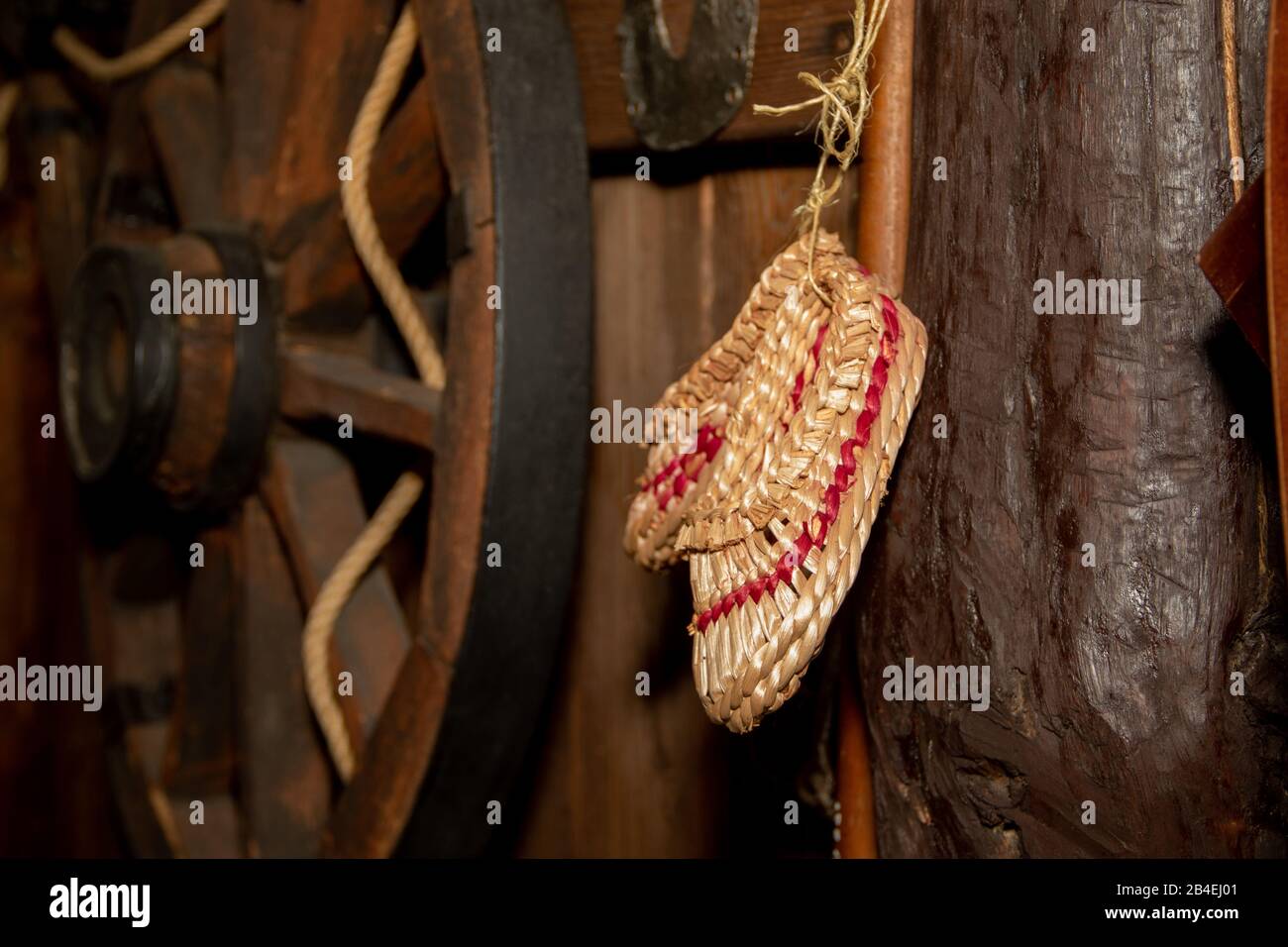Old bast shoes. Traditional russian footwear. Shoes from the bark of the tree Stock Photo Alamy