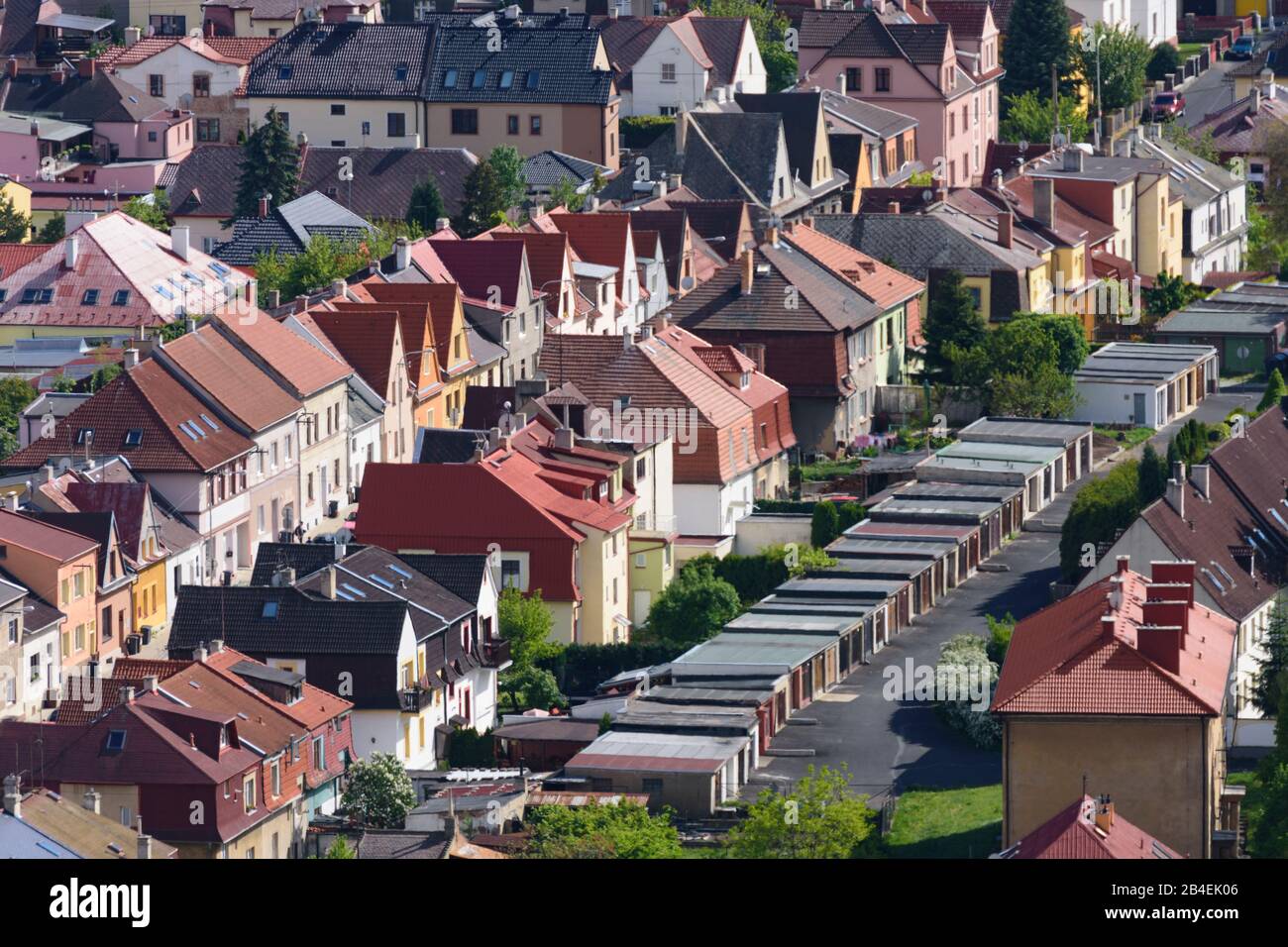 Most (Brüx), apartment houses in Most, detached garage garages in Ustecky, Aussiger Region, Usti nad Labem Region, Czech Stock Photo