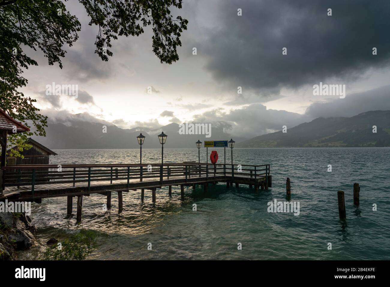 Steinbach am Attersee, lake Attersee, rain storm, jetty in Salzkammergut, Oberösterreich, Upper Austria, Austria Stock Photo