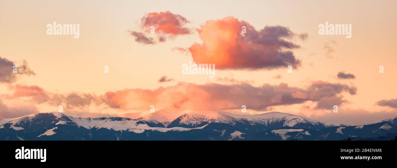 Styrian alps covered with snow landscape. View at mountain chain near ...