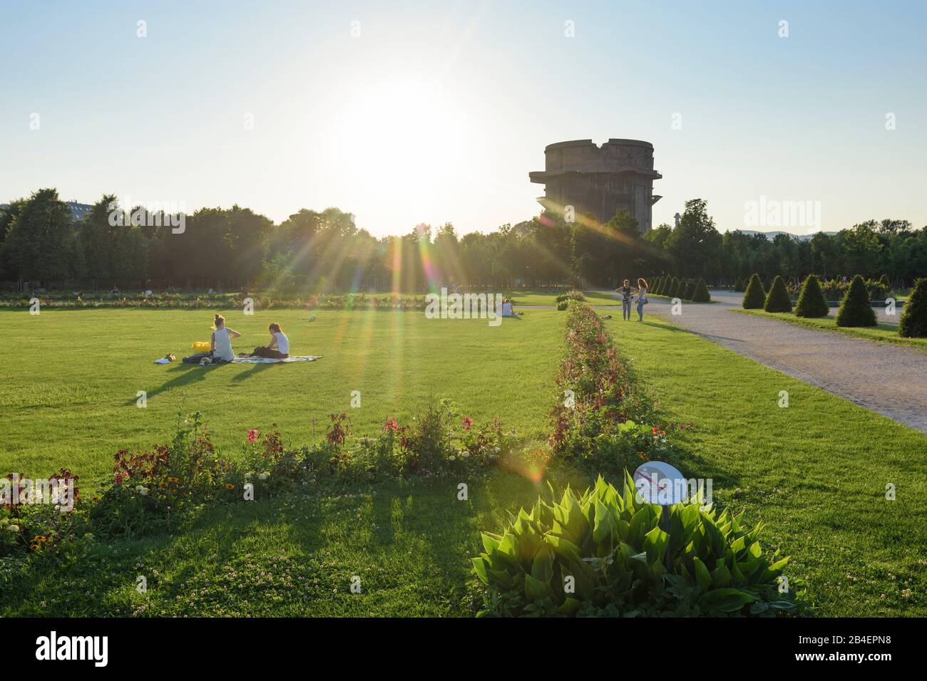 Wien, Vienna, park Augarten, flak antiaircraft gun tower, people