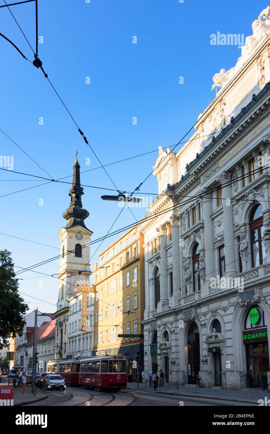 Wien, Vienna, street Taborstrasse, Börse für landwirtschaftliche Produkte in Wien (Stock exchange for agricultural products in Vienna), short Produktenbörse (product market), church Hl. Johannes der Täufer in 02. Leopoldstadt, Wien, Austria Stock Photo