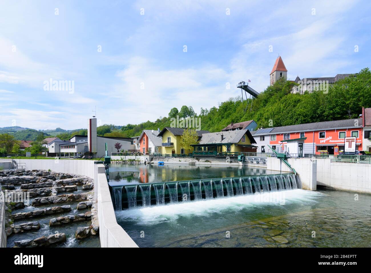 Kirchberg an der Pielach, river Pielach, church, Skywalk in Mostviertel, Niederösterreich, Lower Austria, Austria Stock Photo