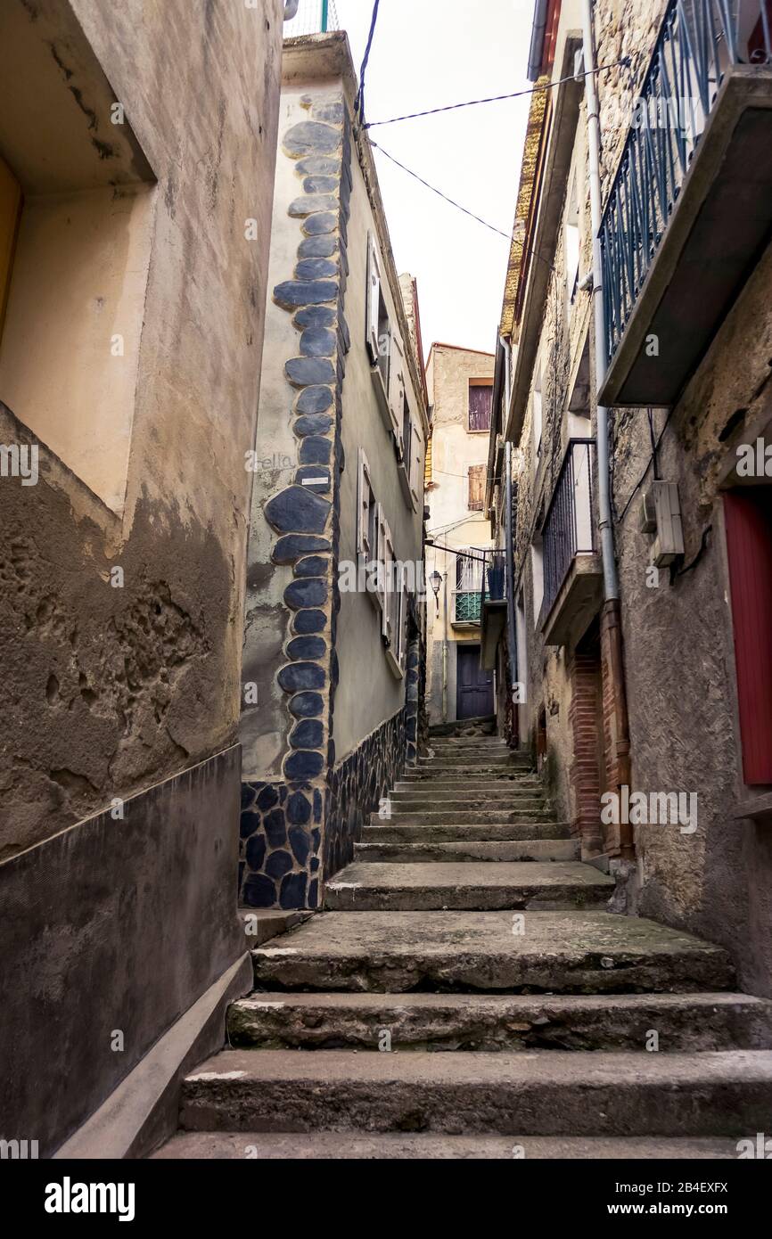 Stairs in the village center in Mosset. Plus beaux villages de France. Located in the Regional Natural Park Pyrénées Catalanes Stock Photo