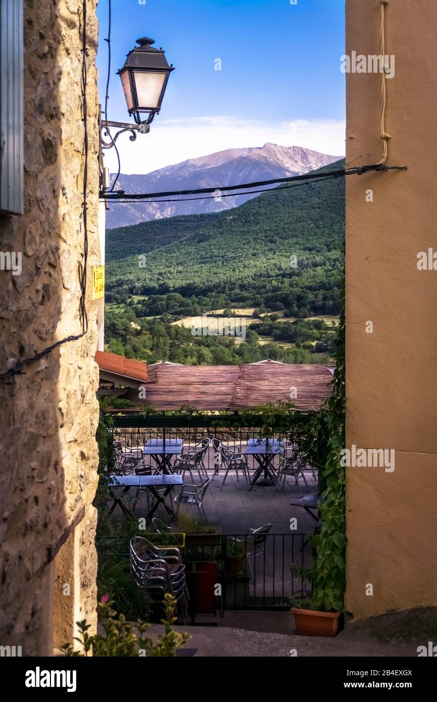 View from Mosset to the Pyrenees. Located in the Regional Natural Park Pyrénées Catalanes. Plus beaux villages de France. Stock Photo