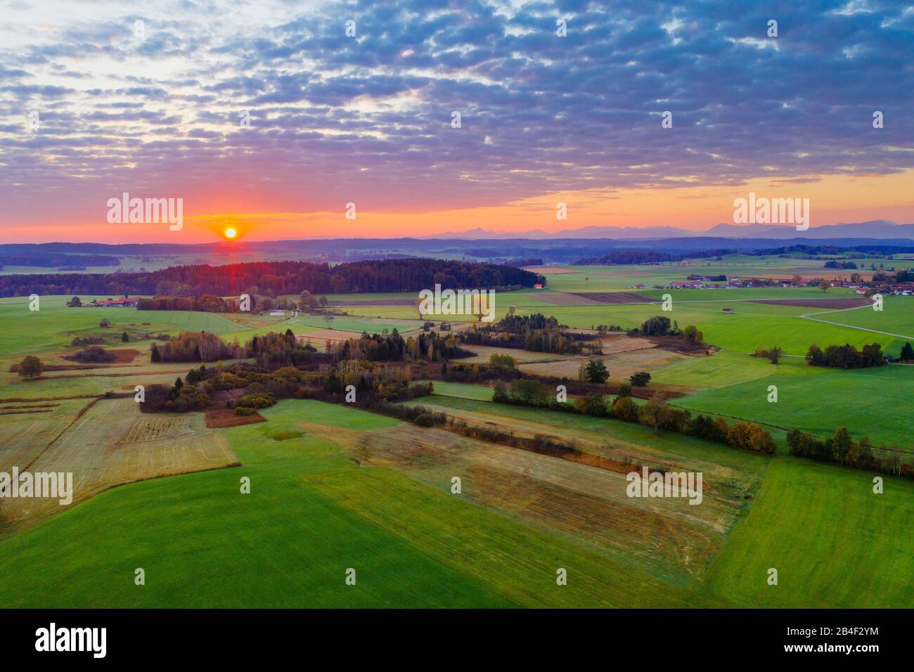 Sunrise, at Egling, drone recording, Upper Bavaria, Bavaria, Germany Stock Photo