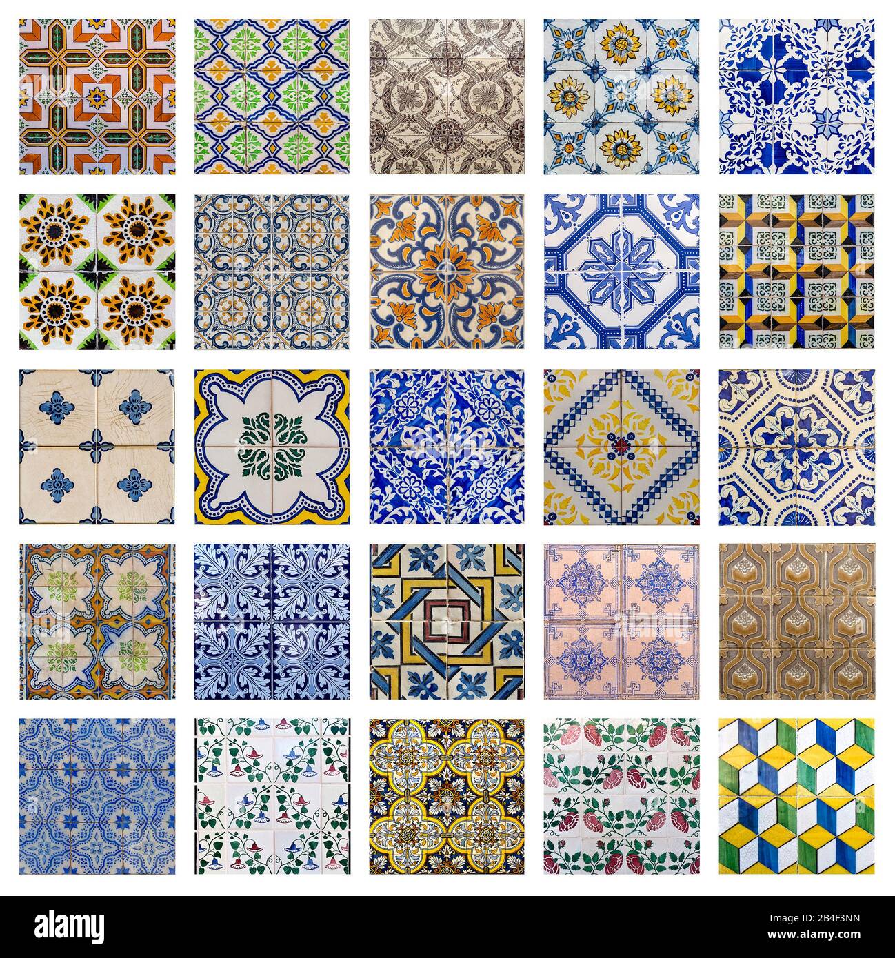 Collage showing the traditional colored decorative tiles covering the facades of many buildings in Lisbon, Portugal Stock Photo