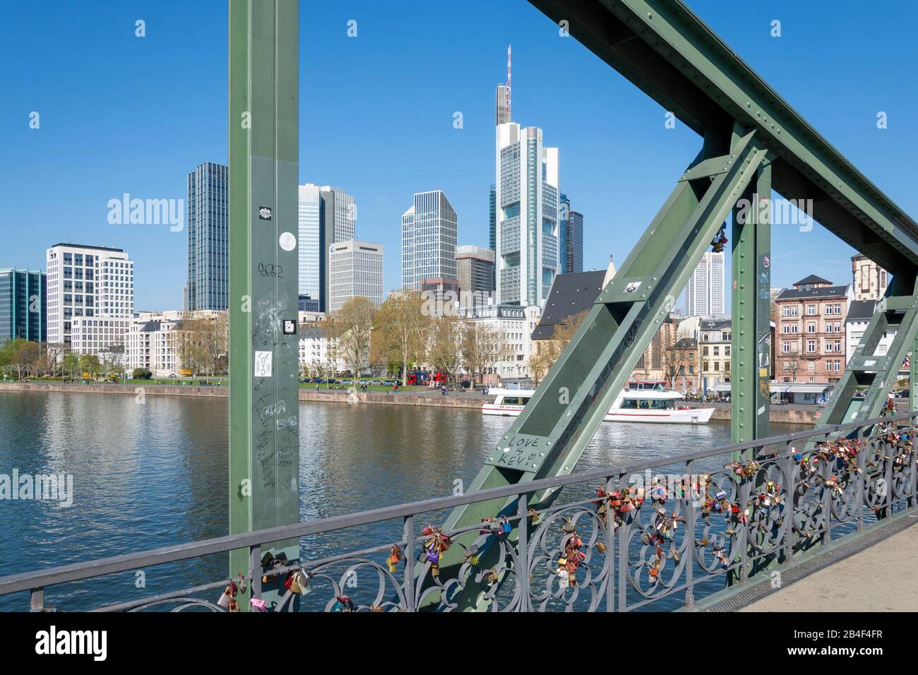 Germany, Hesse, Frankfurt, bridge of the "iron pier" with love locks. Stock Photo