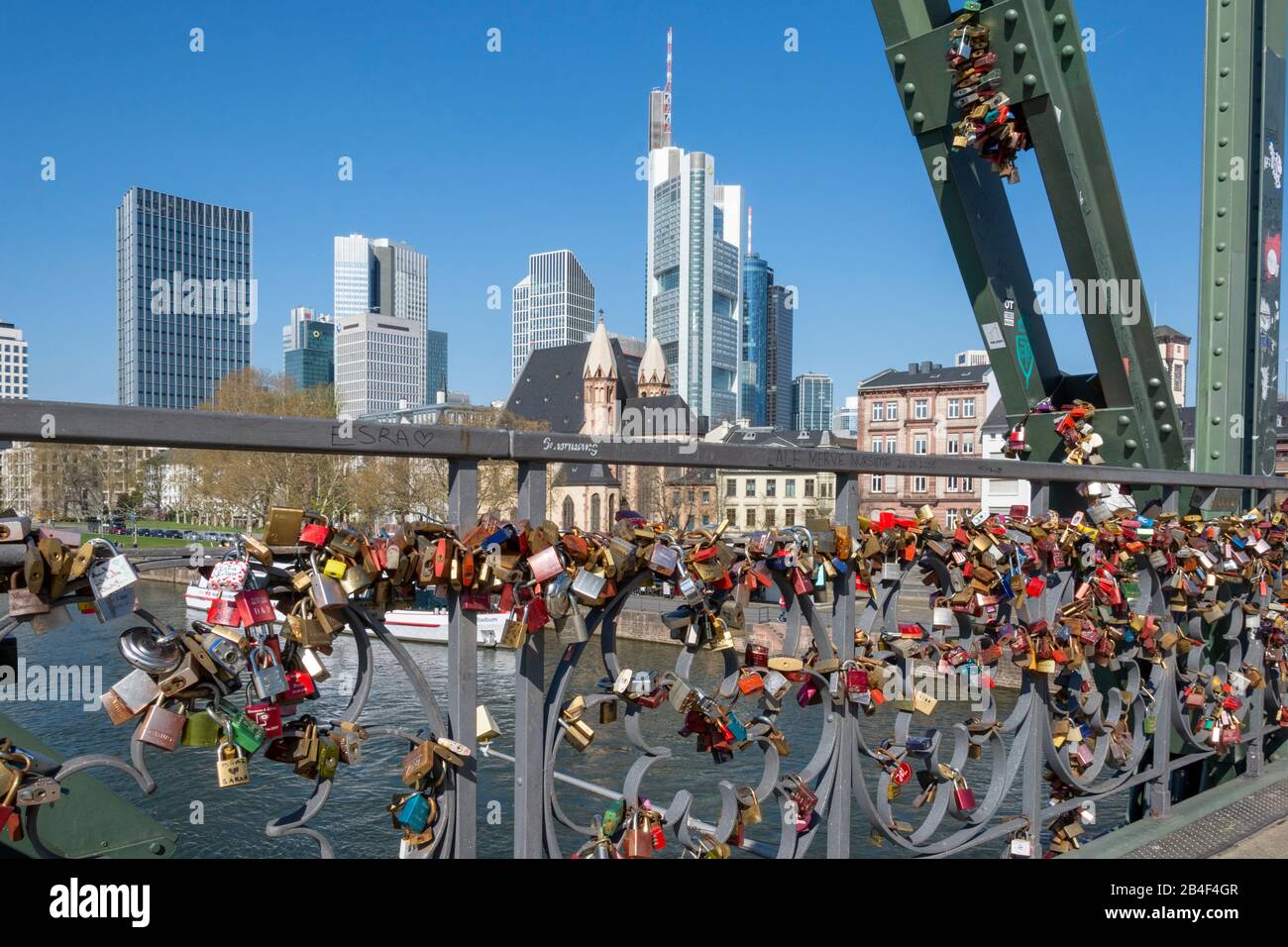 Germany, Hesse, Frankfurt, bridge of the "iron pier" with love locks. Stock Photo