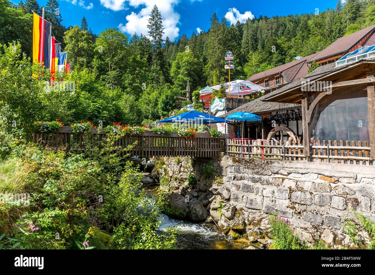 Garden cafe next to the entrance, Triberg Waterfalls, Triberg, Black Forest, Baden-Wurttemberg, Germany Stock Photo