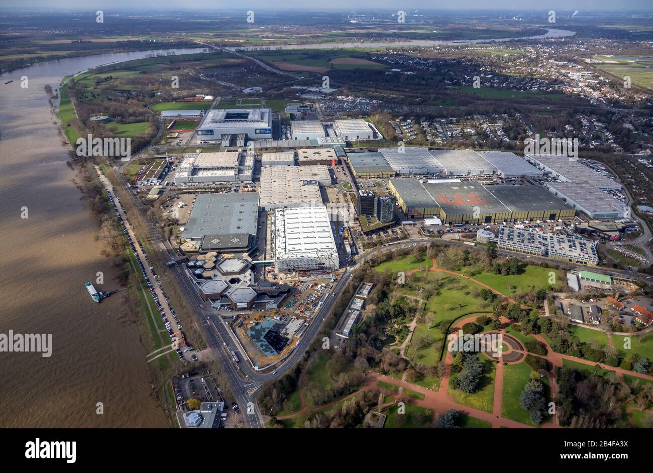 Aerial view, MERKUR SPIEL-ARENA, Messe Düsseldorf on the Rhine, new construction Bundesliga stadium, Dusseldorf, Rhineland, North Rhine-Westphalia, Germany Stock Photo
