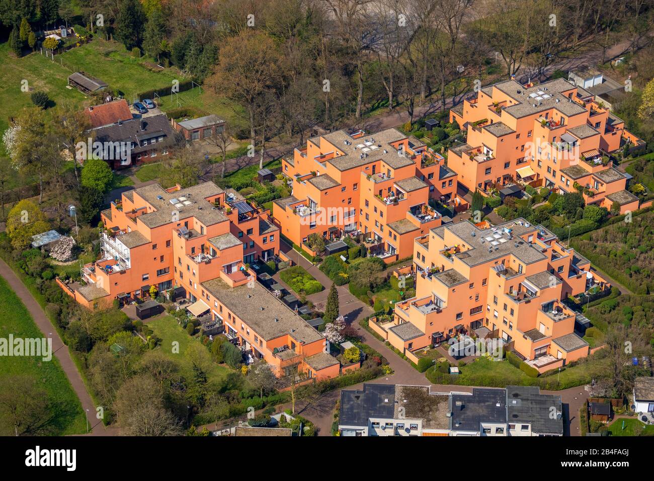 Aerial view of the Fin Cities, Finnenstadt on Napoleonsweg with large terraces in Dorsten in the Ruhr area in the state of North Rhine-Westphalia, Germany Stock Photo