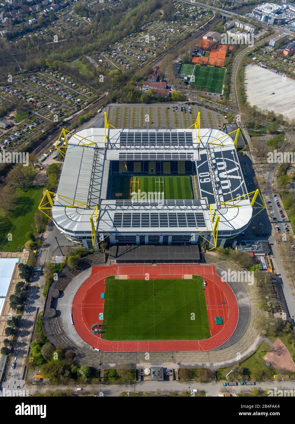 Aerial view of the football stadium BVB Signal Iduna Park and stadium Rote Erde in Dortmund in the Ruhr area in the federal state of North Rhine-Westphalia, Germany. Stock Photo