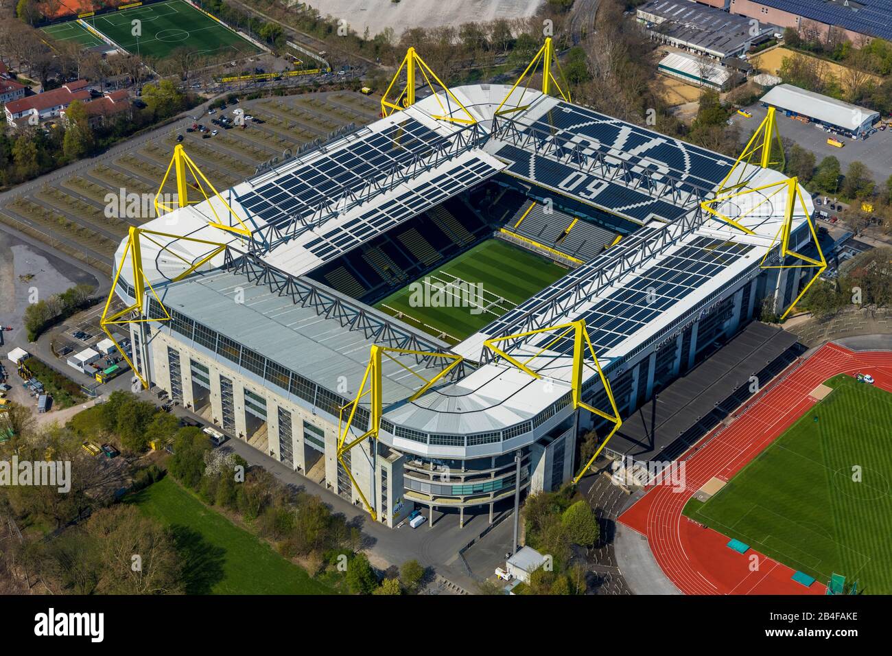 Aerial view of the football stadium BVB Signal Iduna Park and stadium Rote Erde in Dortmund in the Ruhr area in the federal state of North Rhine-Westphalia, Germany. Stock Photo