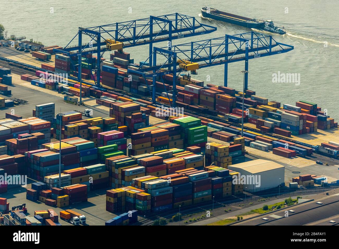 Aerial view of the container warehouse and transshipment point in port area logport II in Duisburg in the Rhine-Ruhr Metropolitan Region in the state of North Rhine-Westphalia, Germany Stock Photo