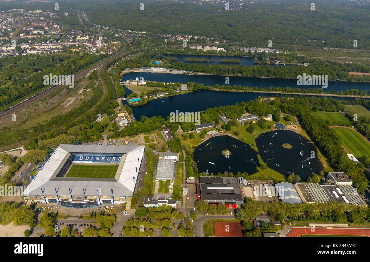 Aerial view of Sportpark Duisburg Süd with football arena, Margarethensee, Bertasee and regatta course in Duisburg Neudorf-Süd in the Rhine-Ruhr metropolitan area in the state of North Rhine-Westphalia, Germany Stock Photo