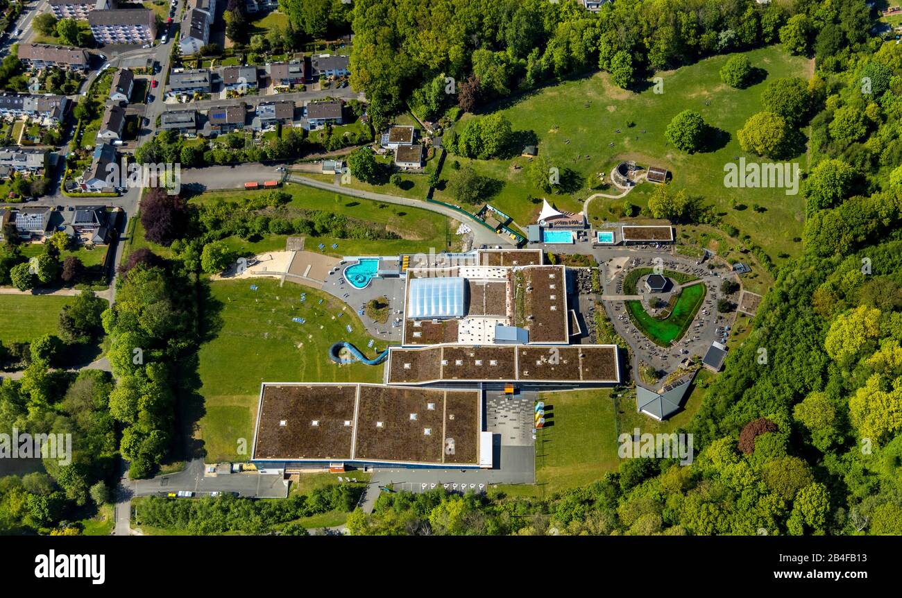 Aerial view of the WESTFALENBAD with indoor adventure pool as well as gym, saunas and massage therapy in Hagen in the Ruhr area in the state of North Rhine-Westphalia, Germany Stock Photo