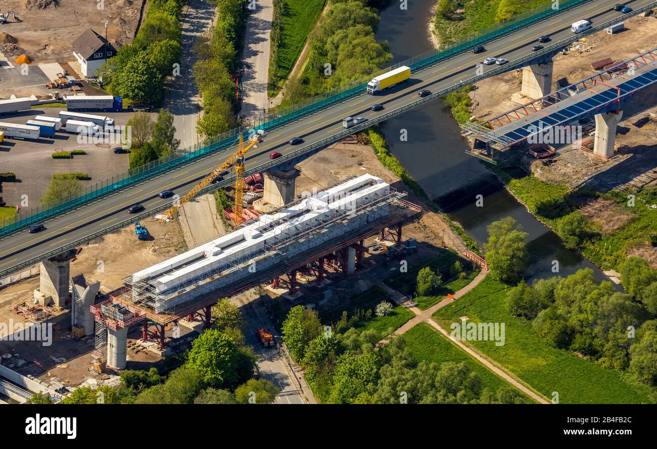 Aerial view of the motorway bridge A45, new bridge construction, bridge renovation, Sauerland line in Hagen in the Ruhr area in the federal state of North Rhine-Westphalia, Germany Stock Photo