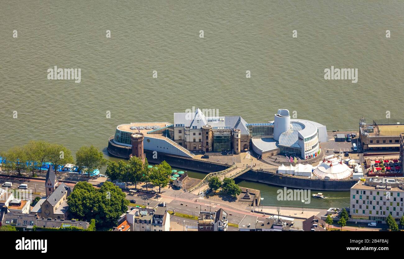 Aerial view of the Chocolate Museum Cologne, cultural history special museum for chocolate on a peninsula in Rheinauhafen in Cologne in the Rhineland in the state of North Rhine-Westphalia, Germany, Stock Photo