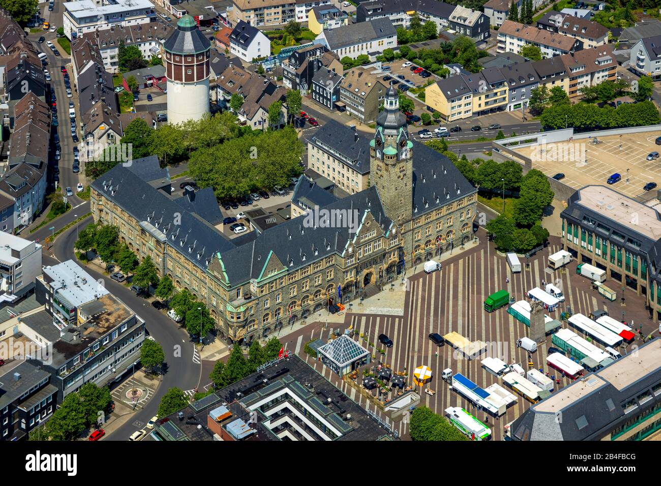 Aerial view of the city center of Remscheid with town hall Remscheid and ECE avenue center Remscheid and the Theodor Heuss place in Remscheid in the Bergischen country in the federal state North Rhine-Westphalia, Germany, Rhineland, Europe, skyline of Remscheid, Bergisches Land Stock Photo