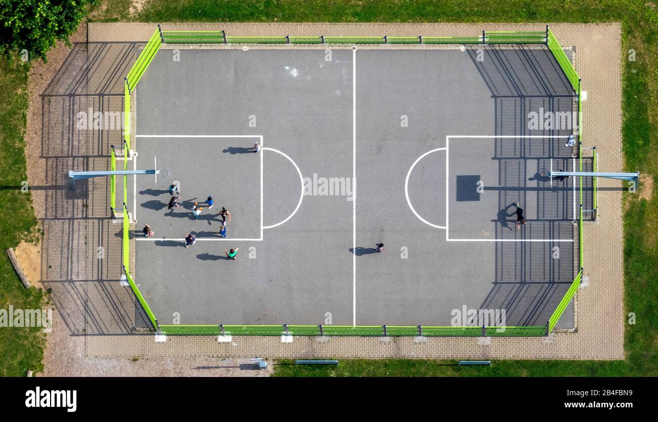 Aerial view of the volleyball court at the playground Herz-Adolf-Weg in Soest in the Soester Börde, in the federal state North Rhine-Westphalia in Germany, Soester Börde, Europe, Stock Photo
