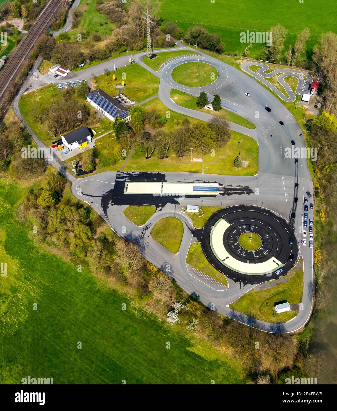 Aerial view of the ADAC driving safety center Haltern am See, traffic training course with spin course in Haltern am See in the Ruhr area in the state of North Rhine-Westphalia, Germany. Stock Photo