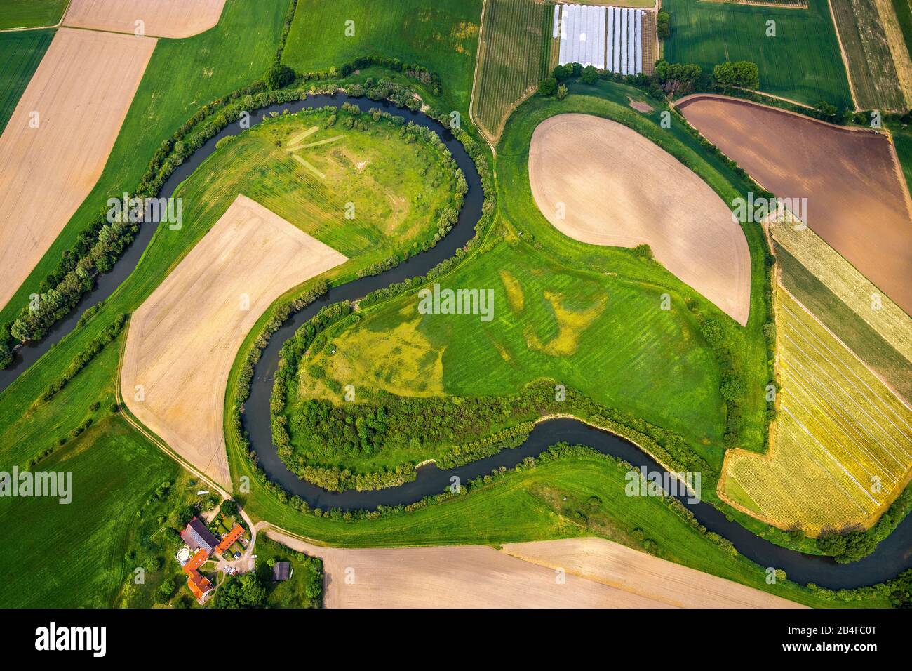 Aerial view of the Lippe arch at the nature reserve Lippeaue near the district Flaesheim in Haltern am See in the nature park Hohe Mark-Westmünsterland in the federal state North Rhine-Westphalia, Germany Stock Photo