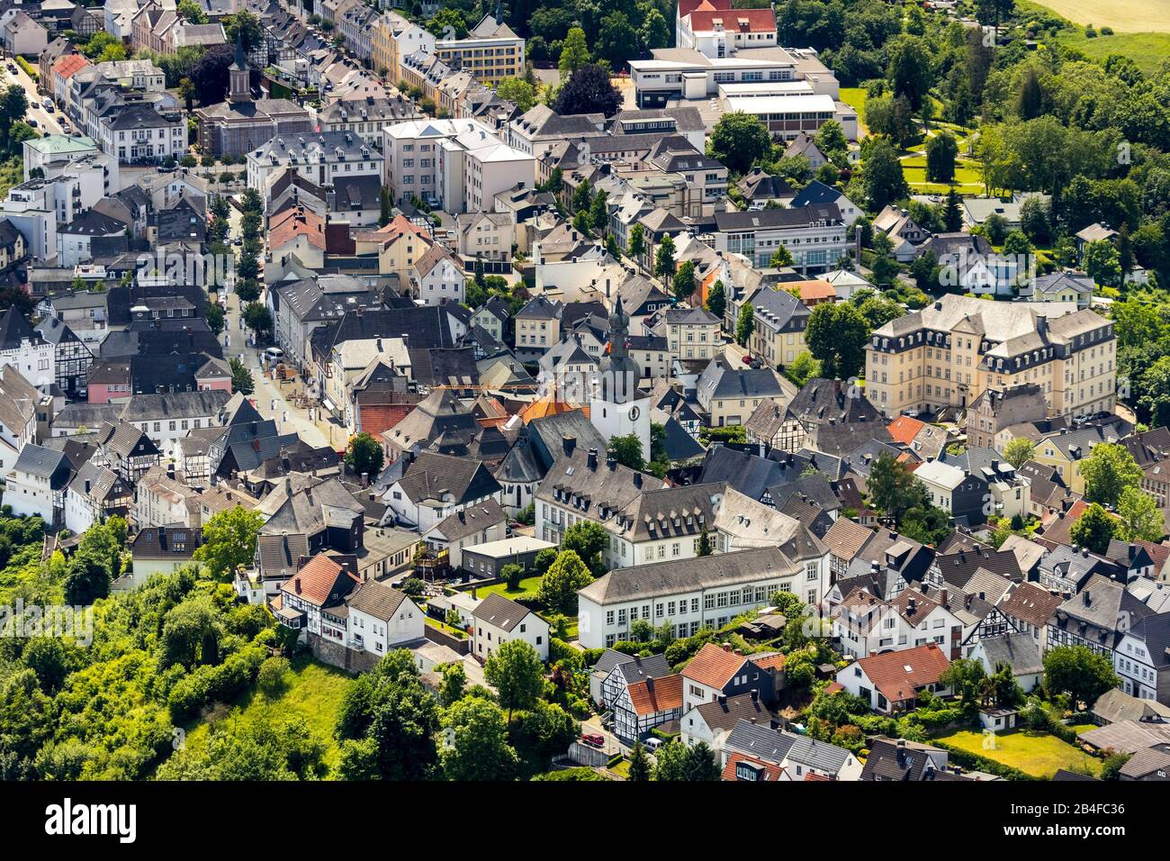 Aerial view of the old town of Arnsberg with Sauerland Museum and new building Sauerland Museum on Altmarkt with bell tower in Arnsberg in Sauerland in the state of North Rhine-Westphalia in Germany Stock Photo