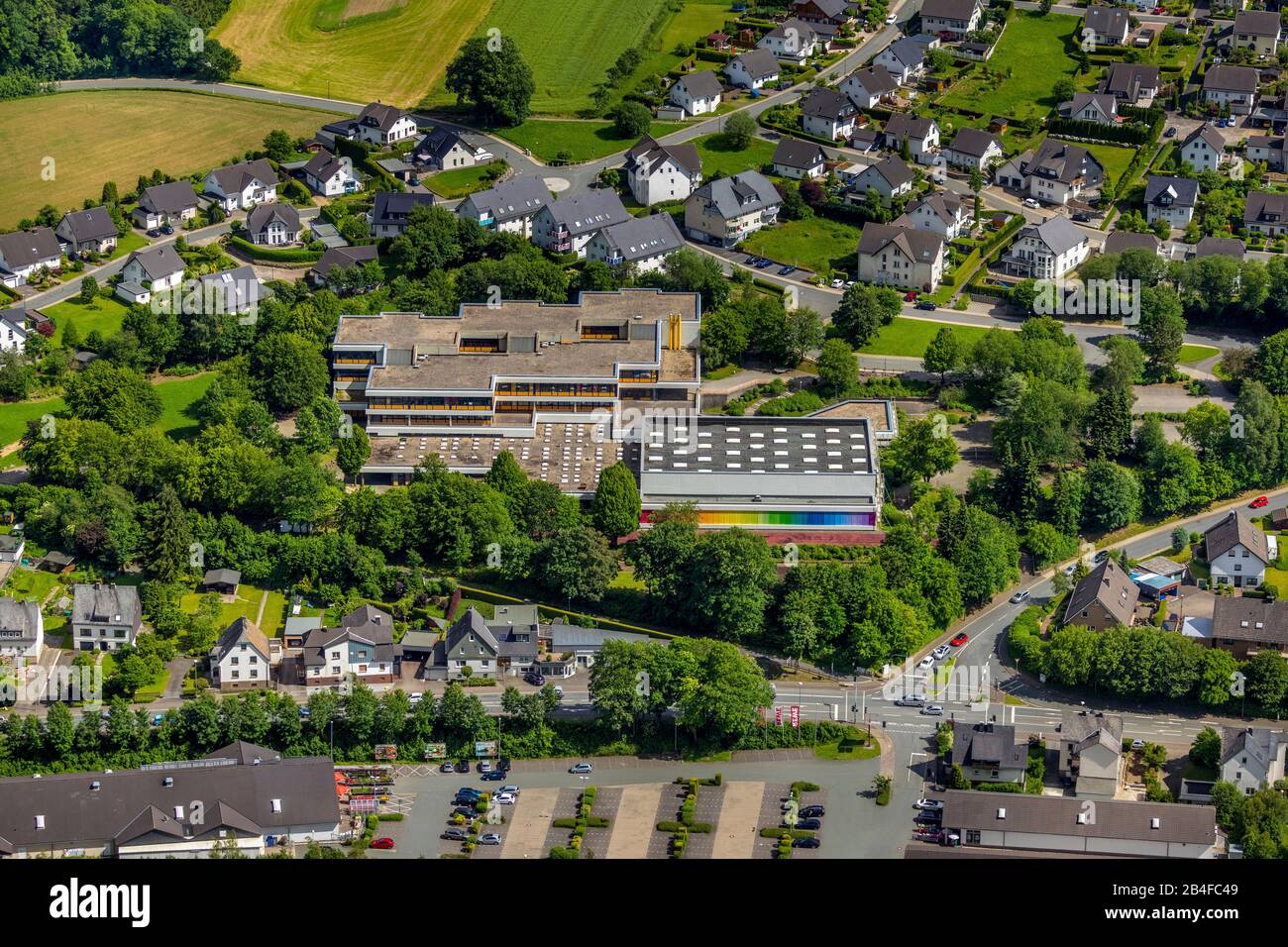 Aerial view of the Bestwig secondary school in Borghausen in Bestwig, Sauerland, North Rhine-Westphalia, Germany, Stock Photo