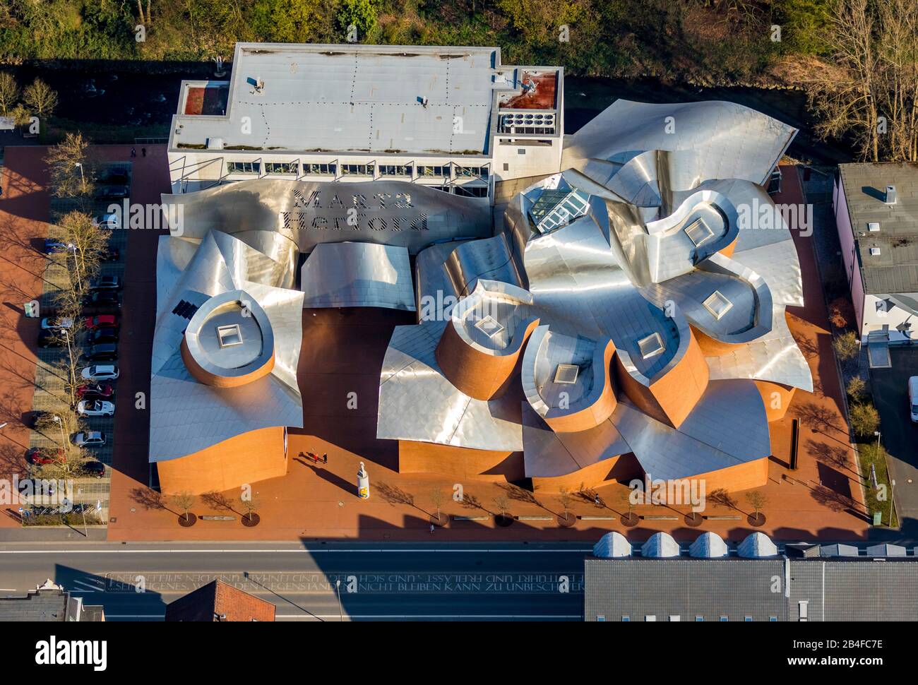 Aerial view of Museum MARTa in Herford, Marta Herford Museum of Art, Architecture, Design in Ostwestfalen in the state of North Rhine-Westphalia, Germany. Stock Photo