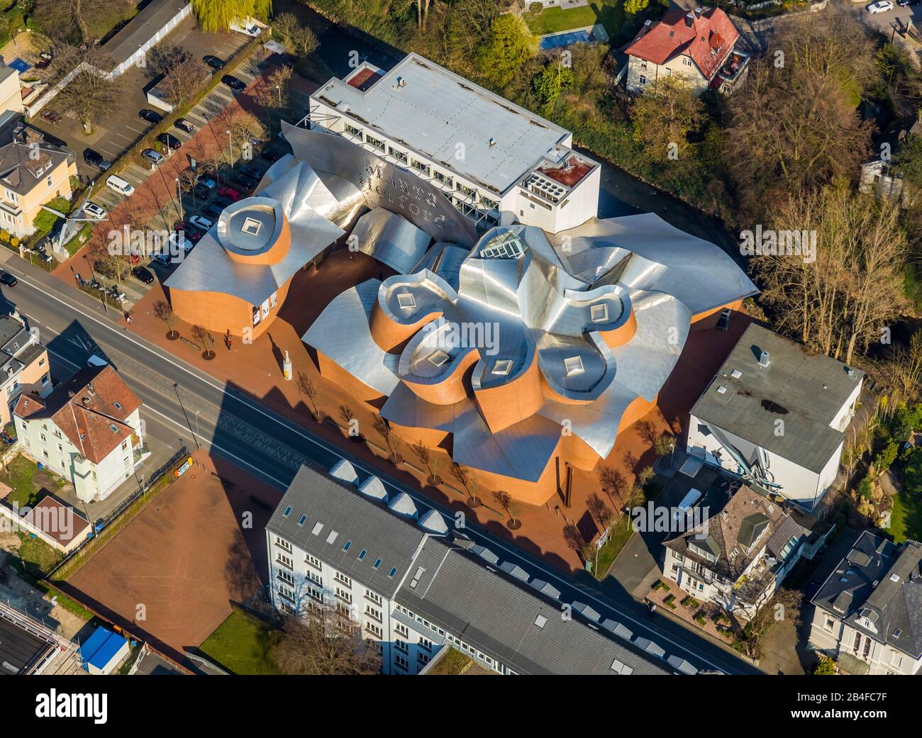 Aerial view of Museum MARTa in Herford, Marta Herford Museum of Art, Architecture, Design in Ostwestfalen in the state of North Rhine-Westphalia, Germany. Stock Photo