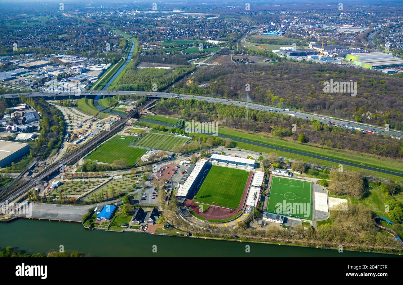 Aerial view of the football stadium Stadium Niederrhein SC Rot-Weiss Oberhausen eV, fan shop, sports and leisure facility SSB, TC Sterkrade 1869 eV in Oberhausen in the Ruhr area in the federal state of North Rhine-Westphalia, Germany. Stock Photo