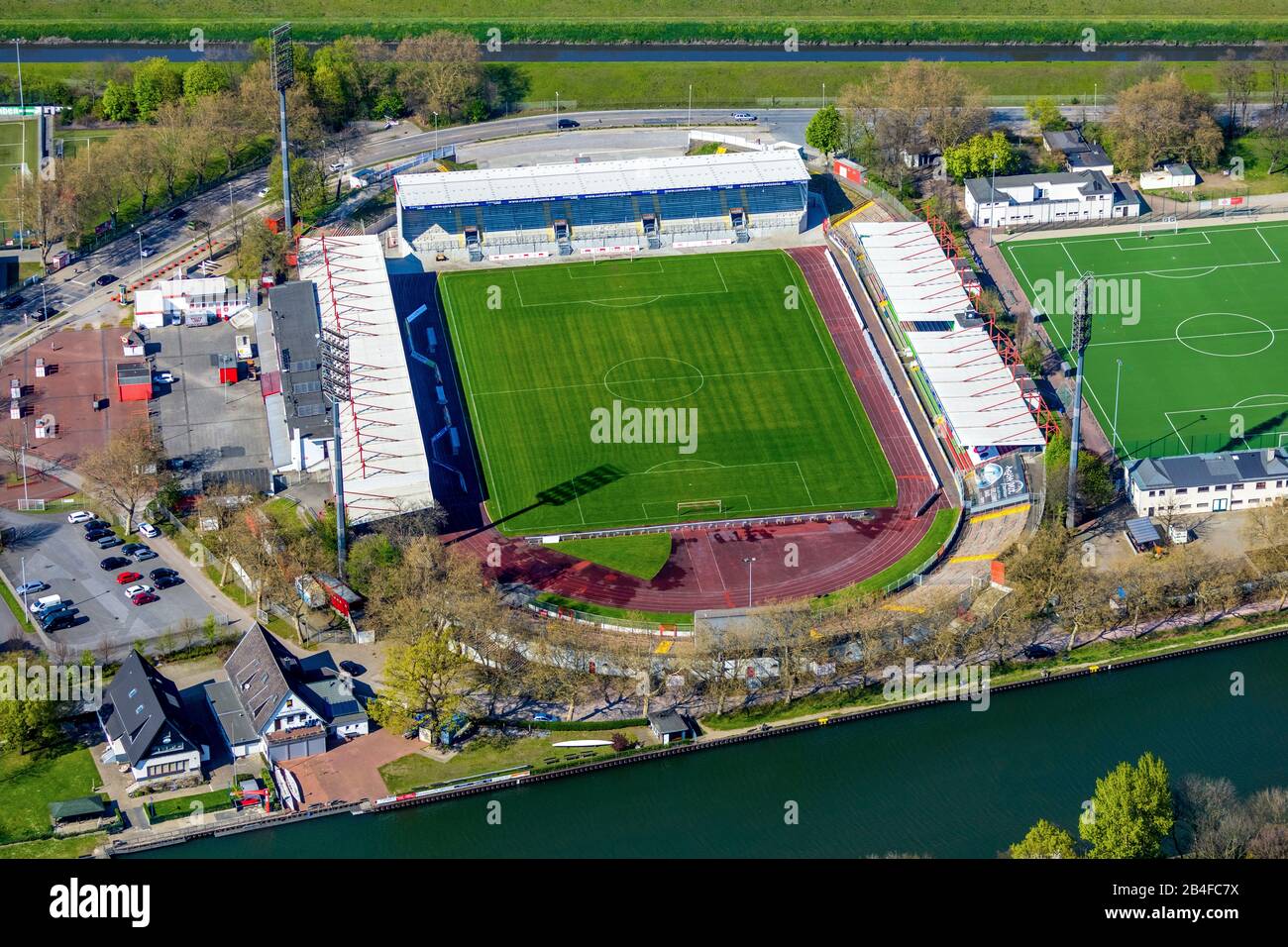 Aerial view of the football stadium Stadium Niederrhein SC Rot-Weiss Oberhausen eV, fan shop, sports and leisure facility SSB, TC Sterkrade 1869 eV in Oberhausen in the Ruhr area in the federal state of North Rhine-Westphalia, Germany. Stock Photo