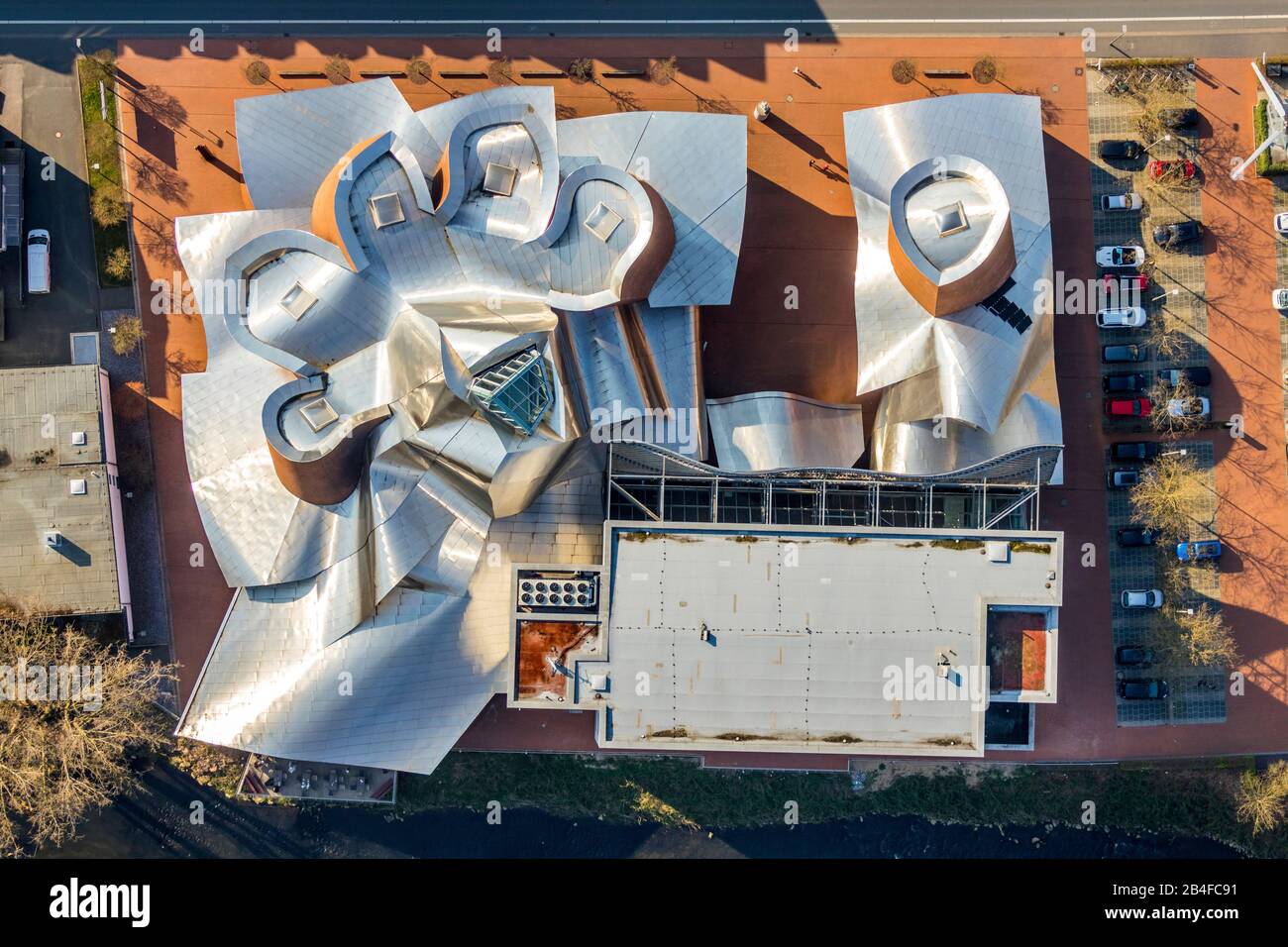 Aerial view of Museum MARTa in Herford, Marta Herford Museum of Art, Architecture, Design in Ostwestfalen in the state of North Rhine-Westphalia, Germany. Stock Photo