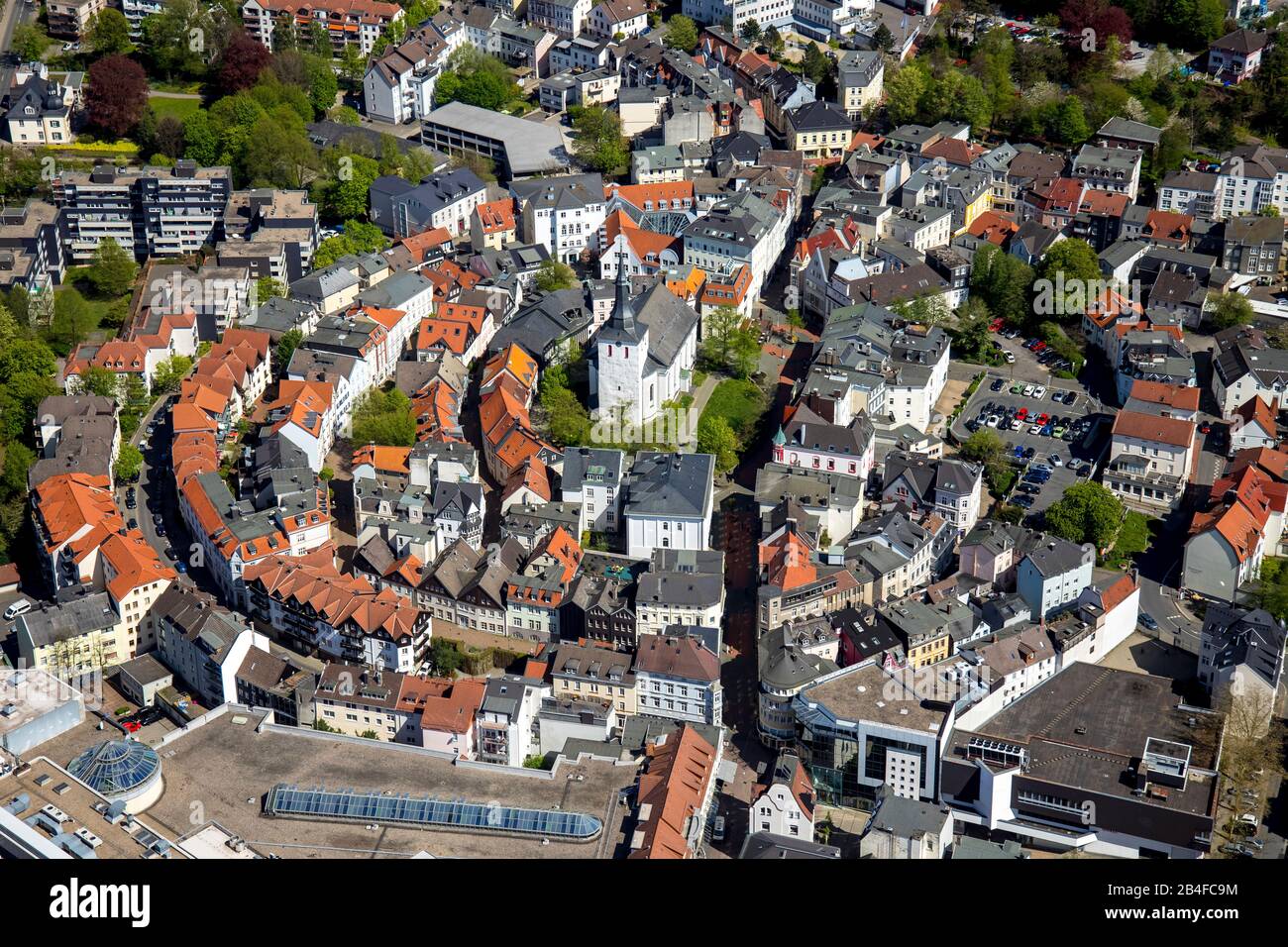 Aerial view of the historic city center of Lüdenscheid old town with the Erlöserkirche church square in Lüdenscheid in Sauerland in the state of North Rhine-Westphalia, Germany. Stock Photo