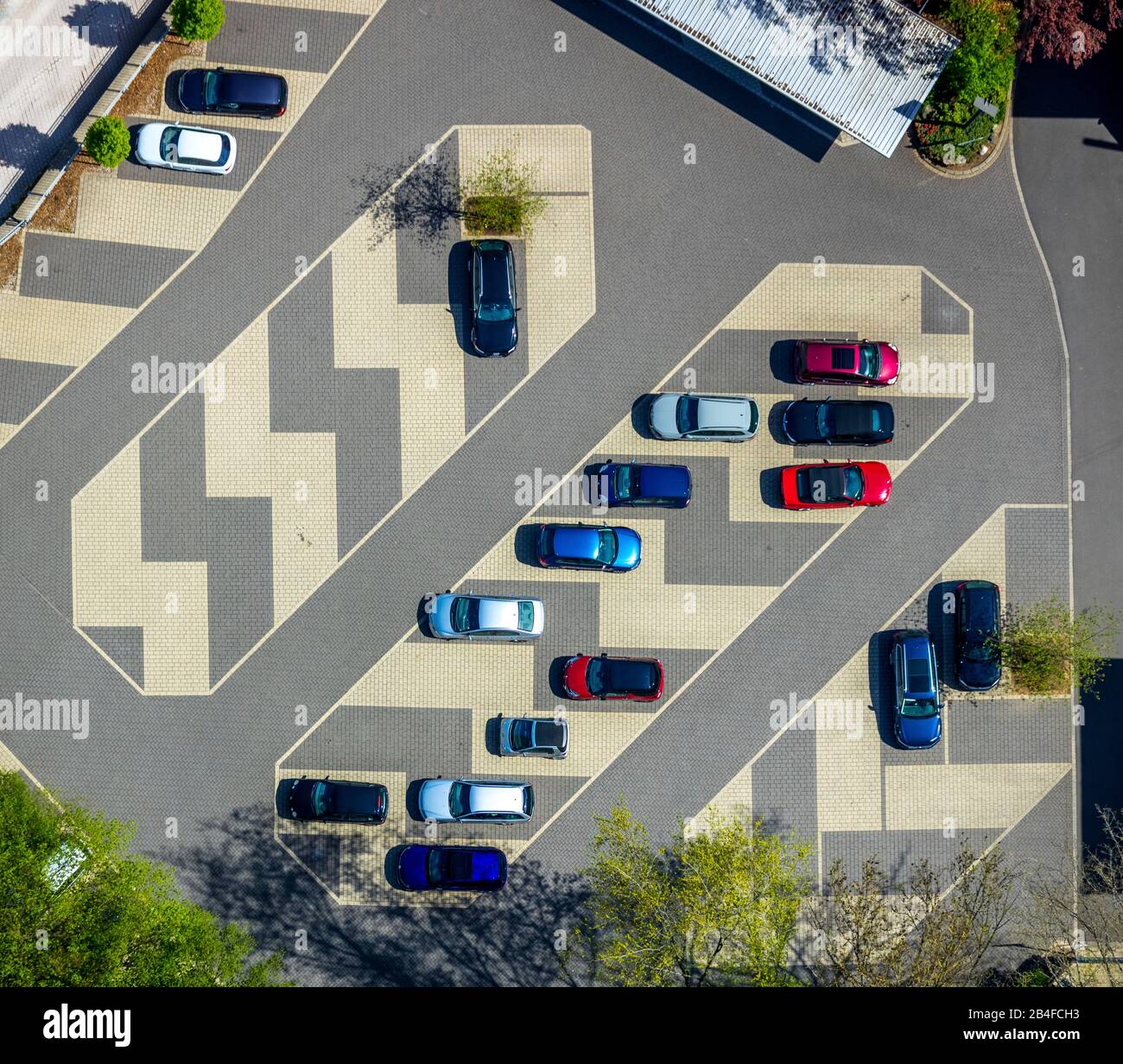 Aerial view from the parking lot in zigzag pattern, House of Siegerland economy in Siegen in Siegerland, in North Rhine-Westphalia, Germany Stock Photo