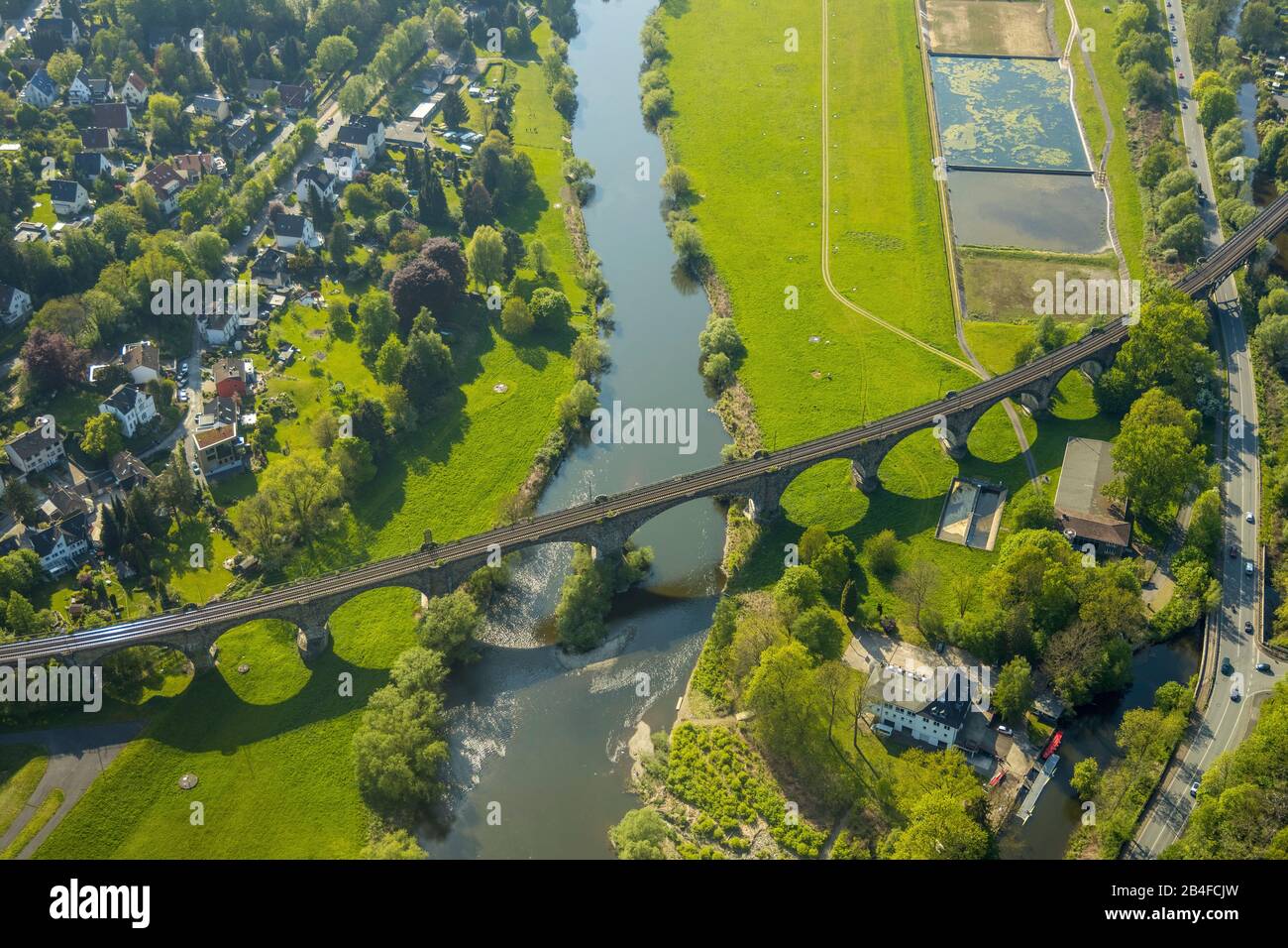 Aerial view of the Ruhr Viaduct in Witten, which spans the Ruhr as a railway bridge in Witten in the Ruhr area in the state of North Rhine-Westphalia, Germany. Ruhr Valley, Ruhrauen Stock Photo