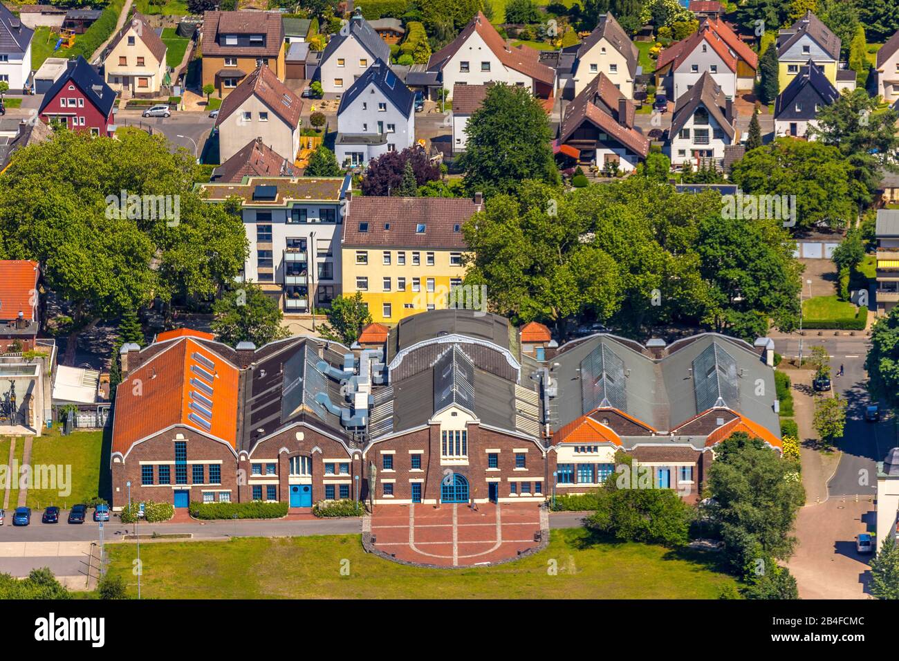 Aerial view of the Flottmann halls, culture and event center, in Herne, Ruhrgebiet, North Rhine-Westphalia, Germany Stock Photo