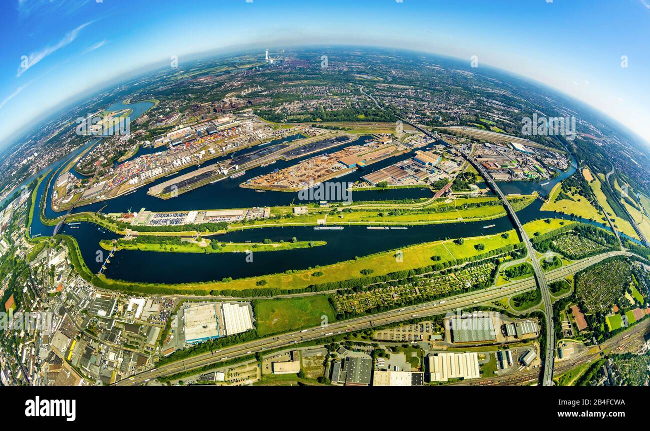 Aerial view as a fish eye image of Duisburg harbor Duisport AG on the Ruhr and Rhine-Herne canal with Ruhr mouth in the Rhine in outline and details in Ruhrort in Duisburg in the Ruhr area in the state of North Rhine-Westphalia in Germany. Stock Photo