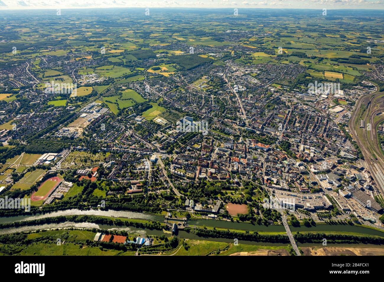 Aerial view of Lippeumbau nature and landscape conservation project experience space Lippeaue with Datteln Hamm channel and airfield Hamm-Lippewiesen, EDLH, with connection to the city center of Hamm in Killwinkel, Hamm, Ruhr area, North Rhine-Westphalia, Germany, Stock Photo