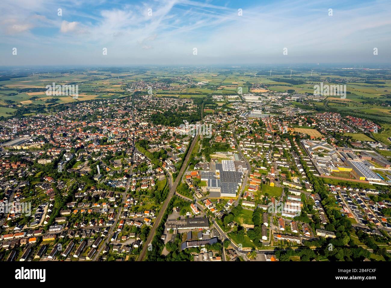 Aerial view of the commercial area Werl-Nordwest with metal processing plant Standard-Metallwerke GmbH in Werl, Soester Börde, North Rhine-Westphalia, Germany, Werl, Stock Photo